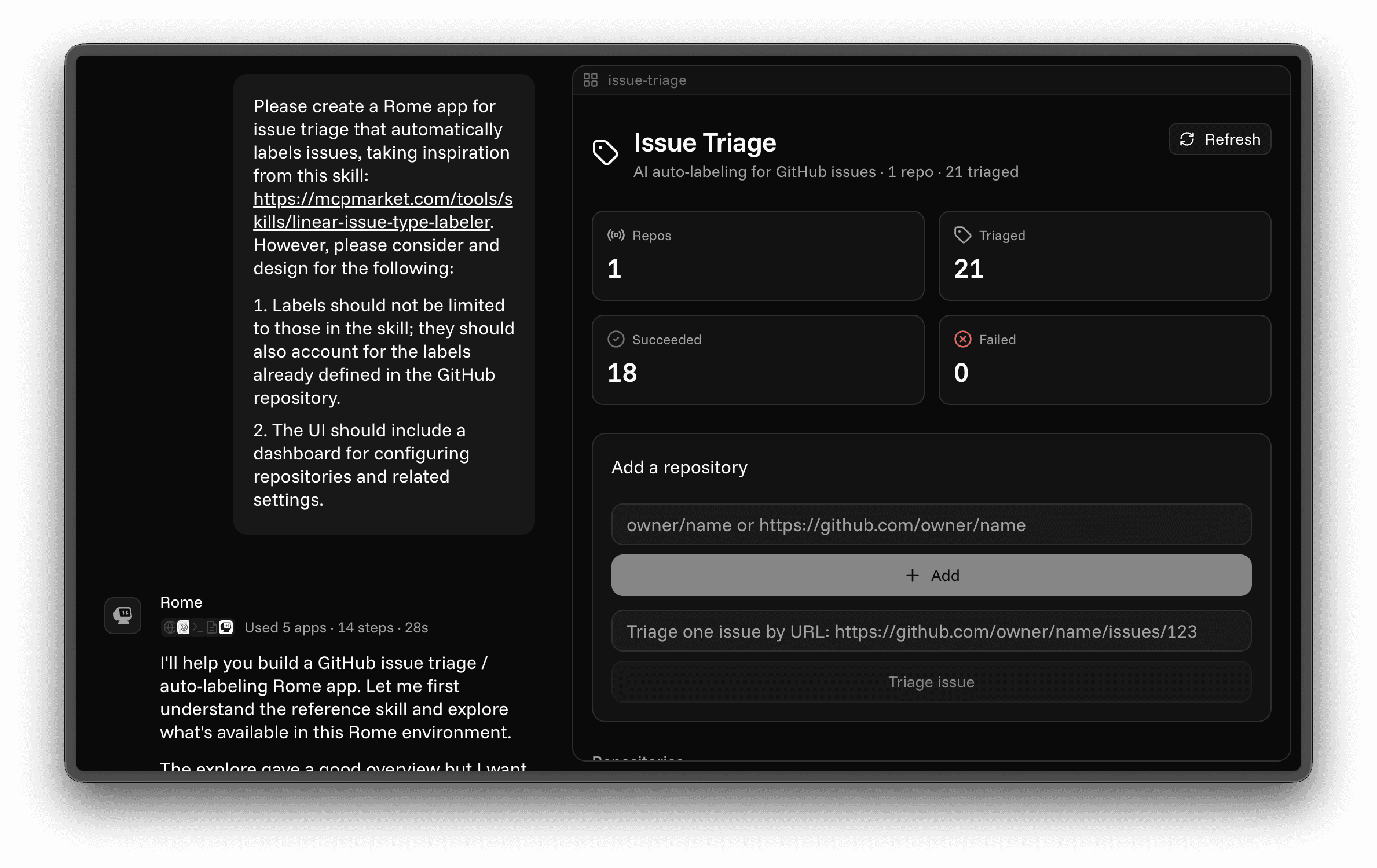 Ray’s prompt alongside the Issue Triage app built by Rome